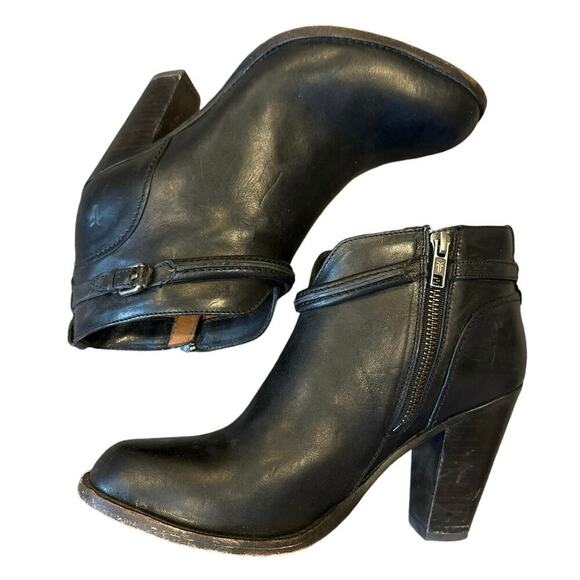 Frye Jenny Leather Ankle Boots Booties Black Stacked Heels Zip Buckle 7.5 B - Picture 7 of 9